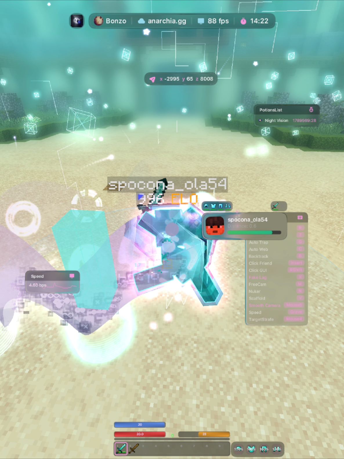Moon DLC in-game on anarchia.gg: glass watermark, target HUD, arraylist and speed graph